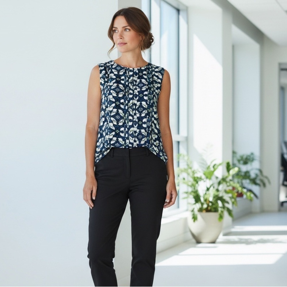 Banana Republic S/L Blouse Geometric Black/Blue/White Pleated Sheer Top Size-SP